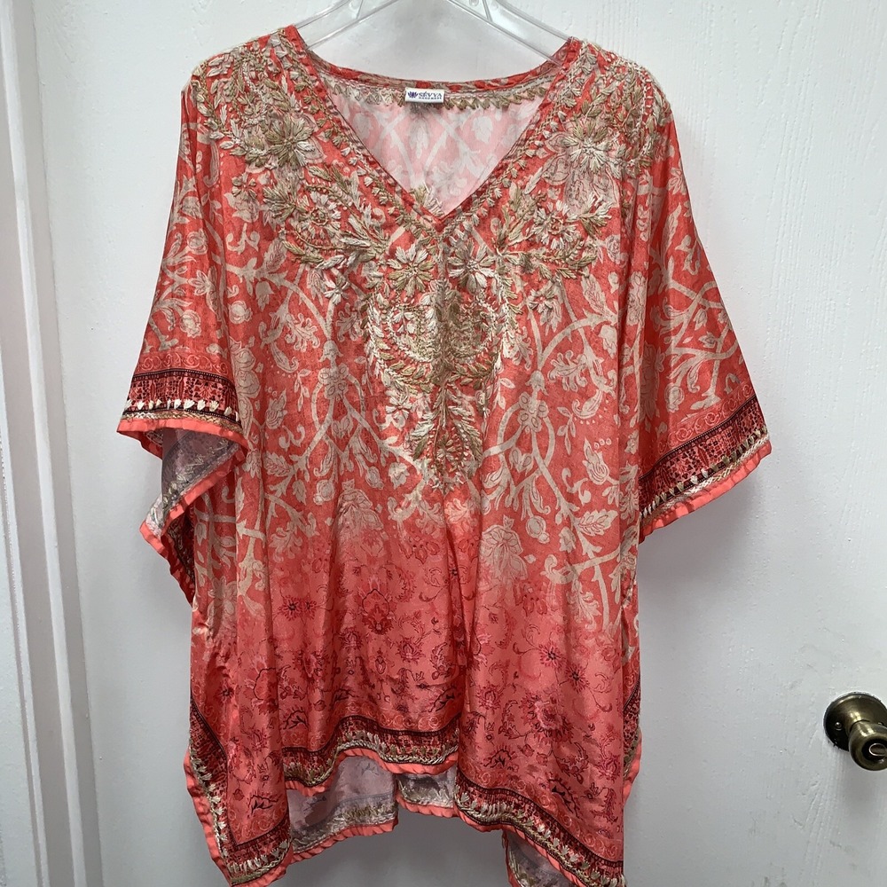 SEVYA‎ Handmade in India Poly Silk Blend Embroidered Tunic Kaftan O/S Boho